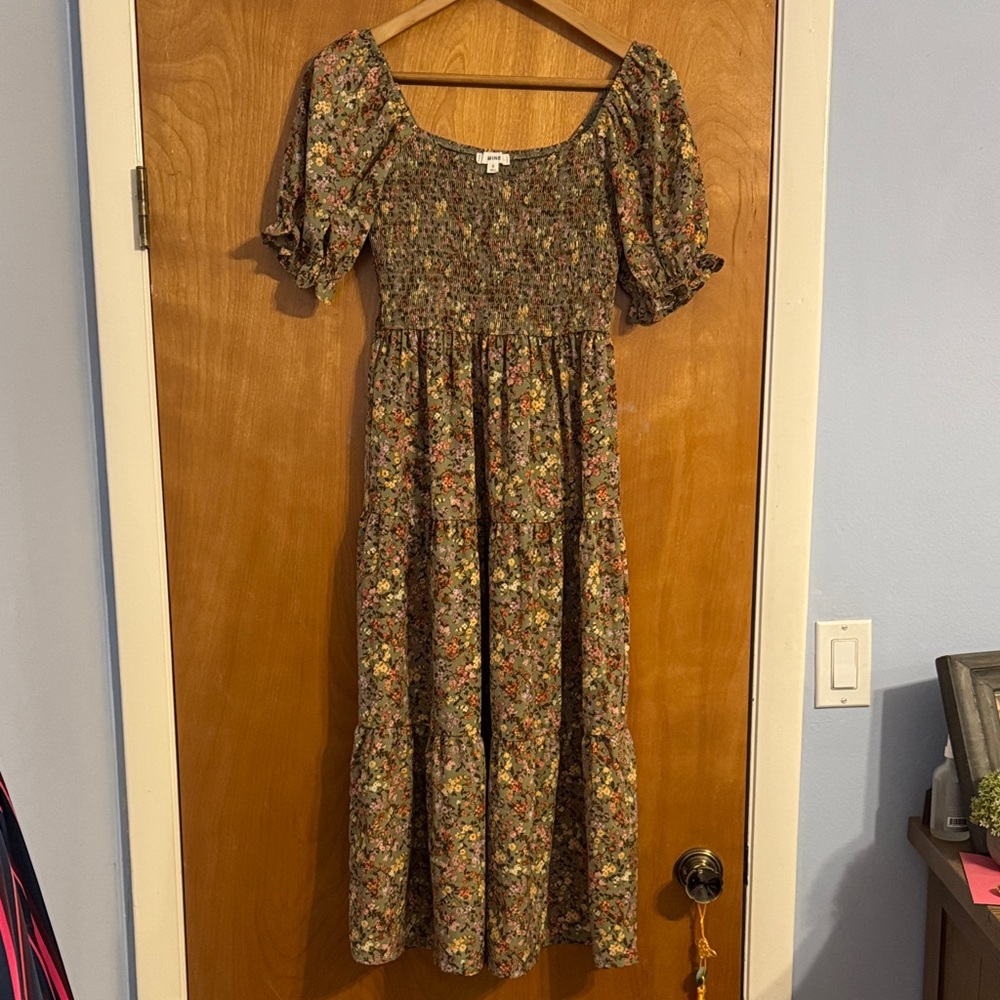 mine Olive Floral Smocked Midi Dress
